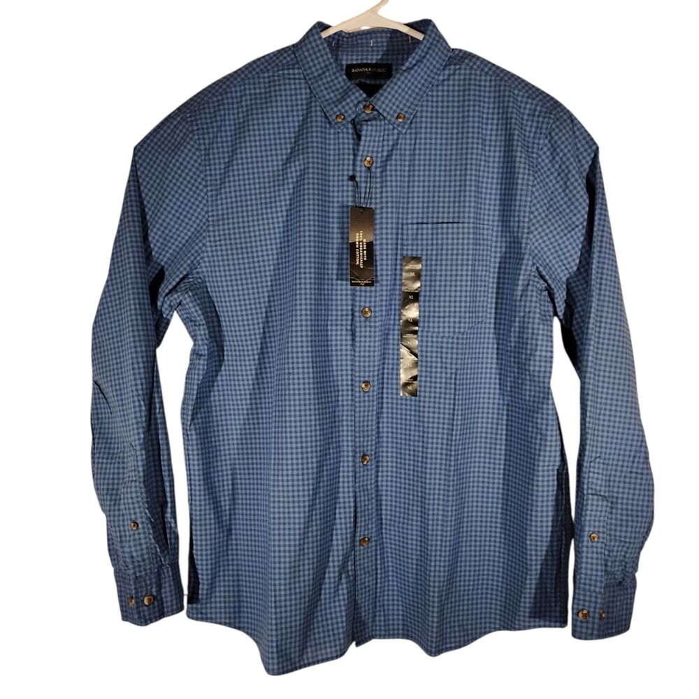 Banana Republic shirt mens XL XLarge blue check plaid slim fit untucked button